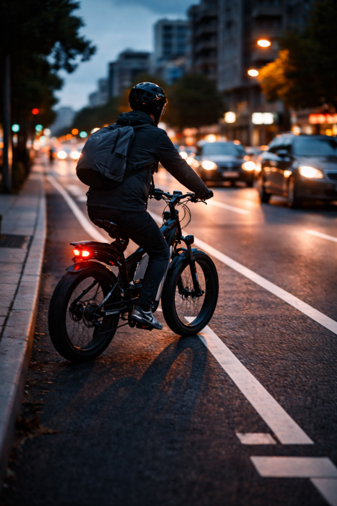 E-bike rider wearing a helmet traveling in a city bike lane at dusk alongside moving car traffic.