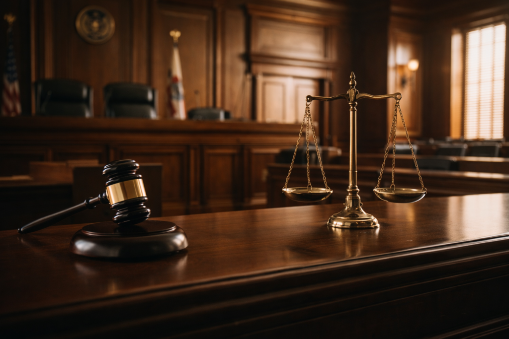 Courtroom interior with a judge’s gavel and balanced scales of justice on a wooden bench