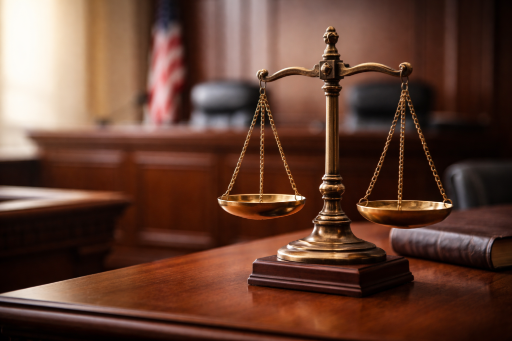 Balanced scales of justice resting on a courtroom desk with an empty judge’s bench in the background.