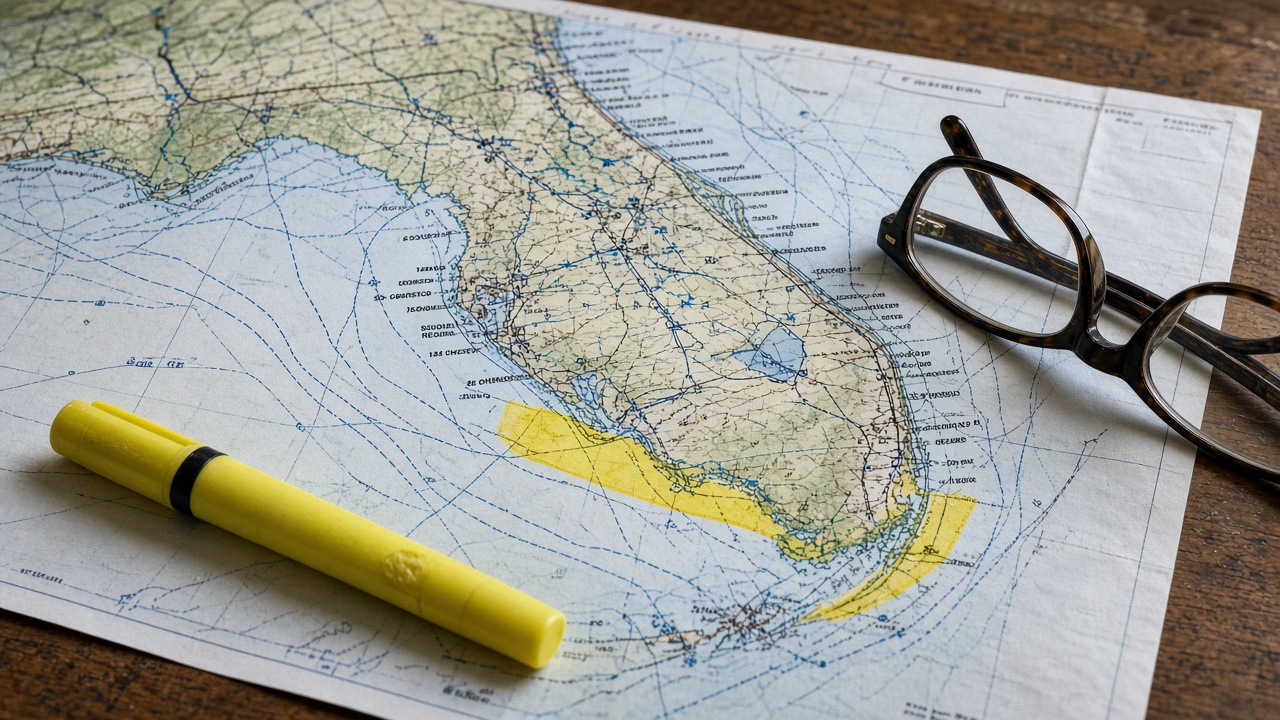 Florida drone airspace map and flight planning notes on counsel desk