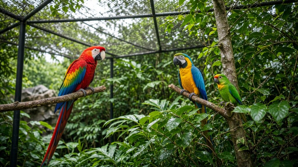 Colorful birds in a clean, professional Florida aviary enclosure