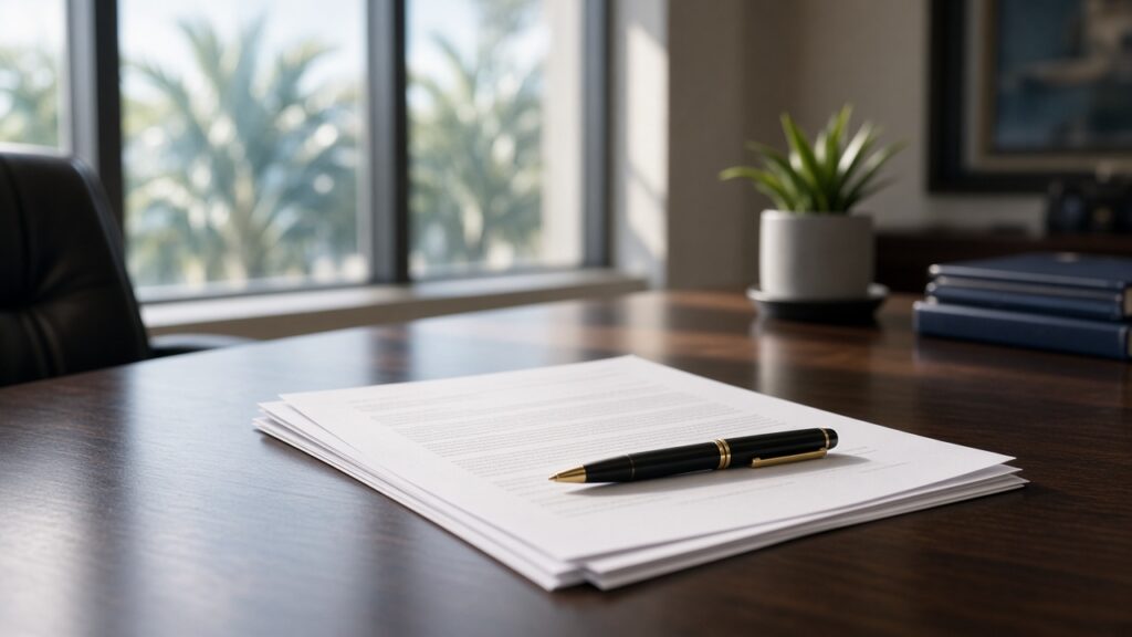 Business professionals reviewing a contract at a Florida office table