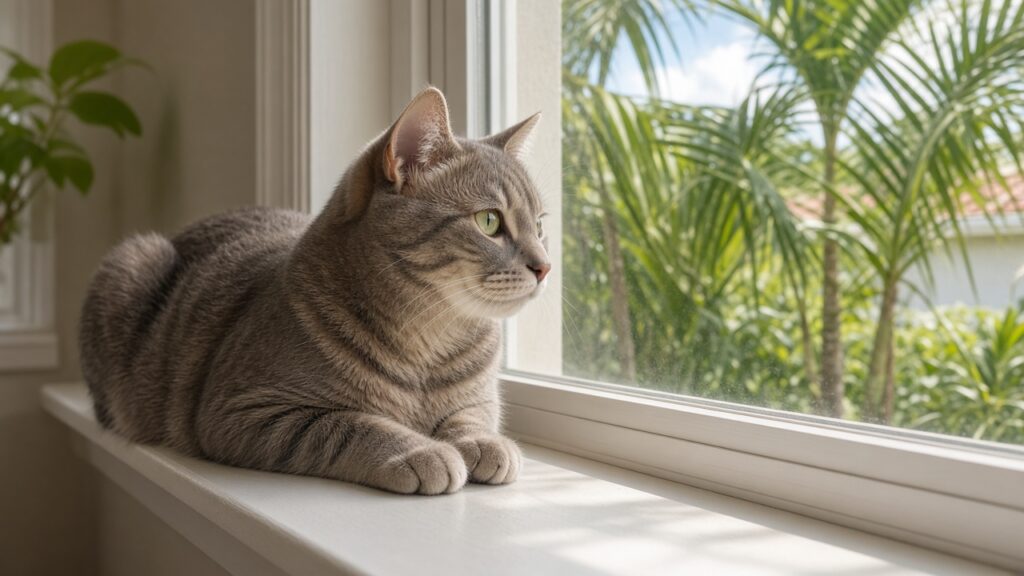 Healthy indoor cat resting on a windowsill in a Florida home