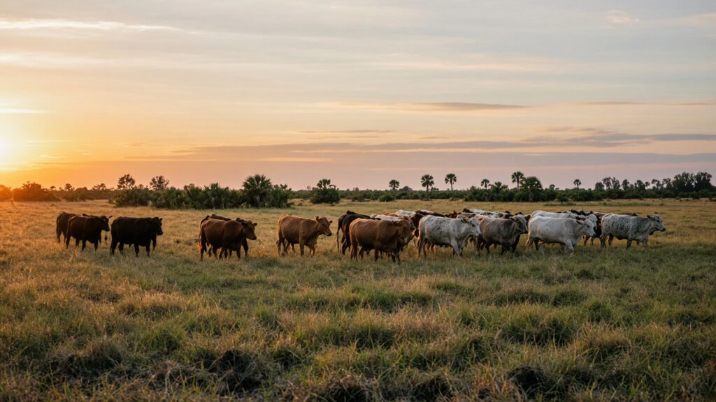Florida cattle herd on open pasture at golden hour