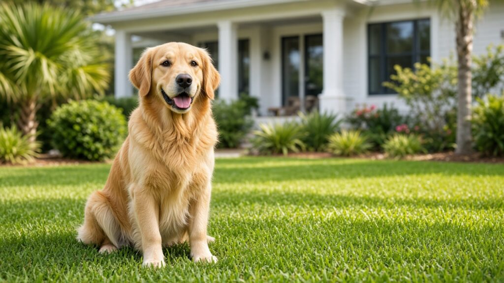 Well-cared-for dog sitting beside owner on a Florida residential lawn