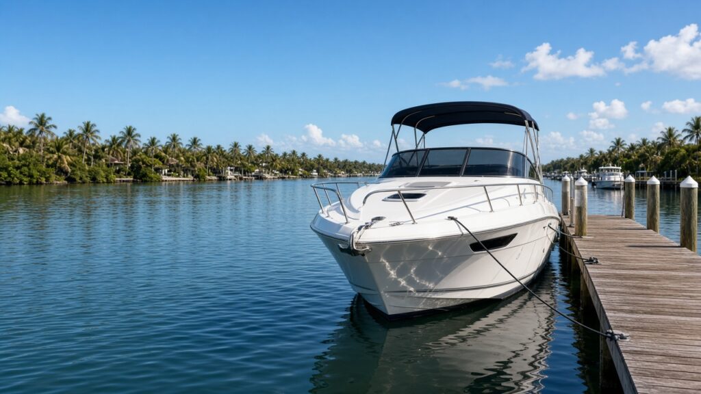 Recreational boat docked at a sunny Florida marina