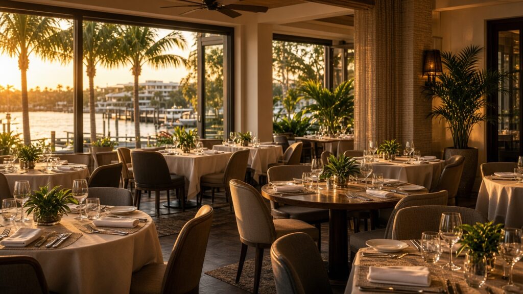 Upscale Florida restaurant dining room set for service