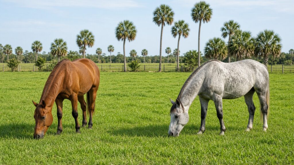 Healthy horses grazing in a Florida pasture under clear sky