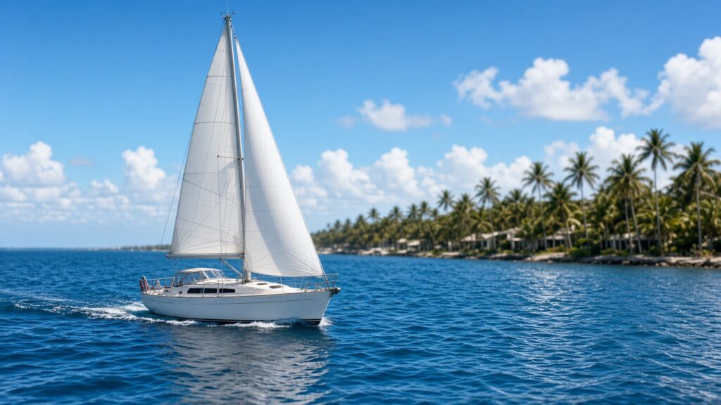 Sailboat under sail along a bright Florida coast lined with palms
