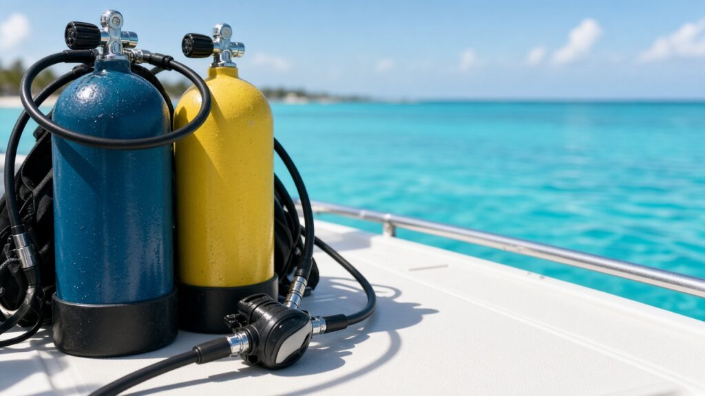 Scuba tanks and dive gear on a boat deck overlooking turquoise Florida water