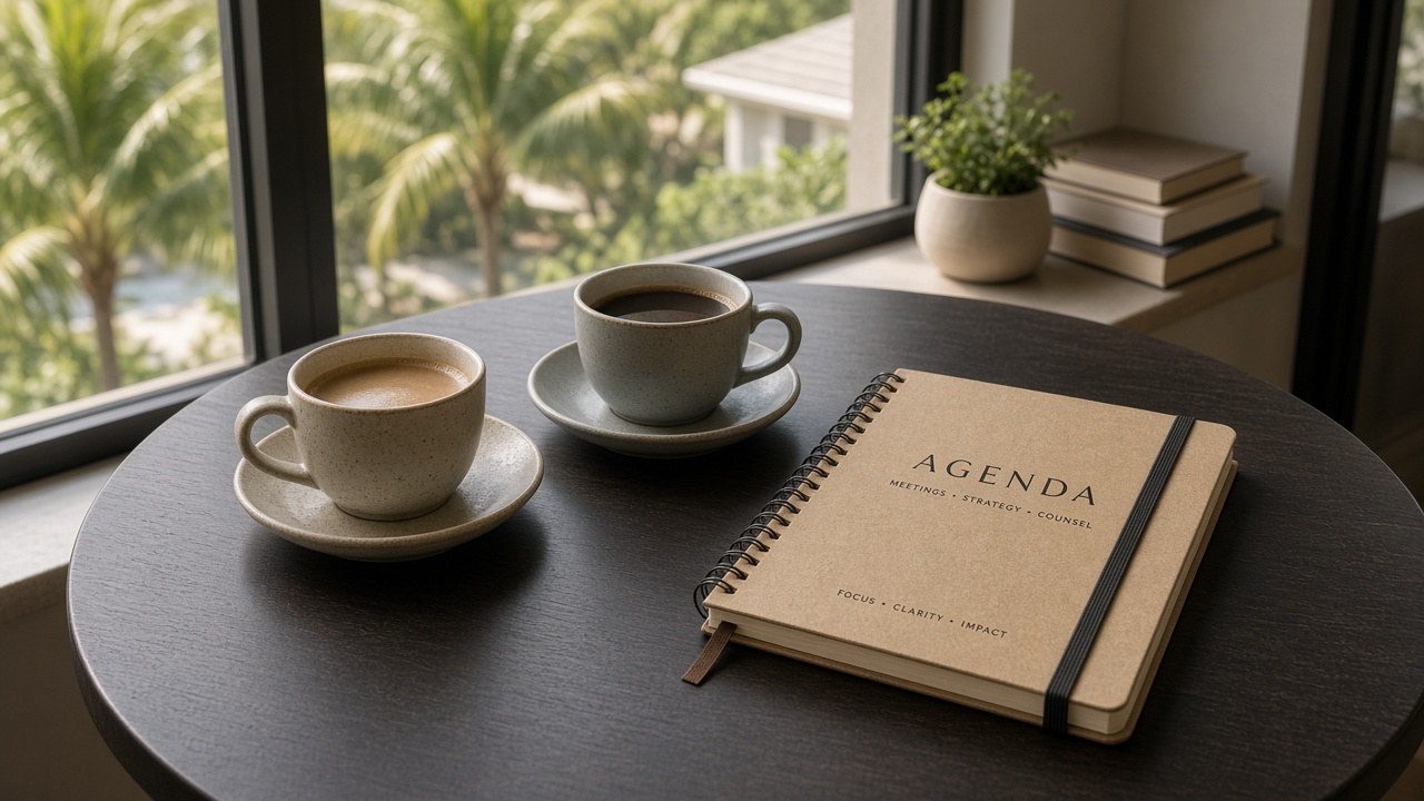 Florida client meeting over coffee with counsel reviewing legal documents