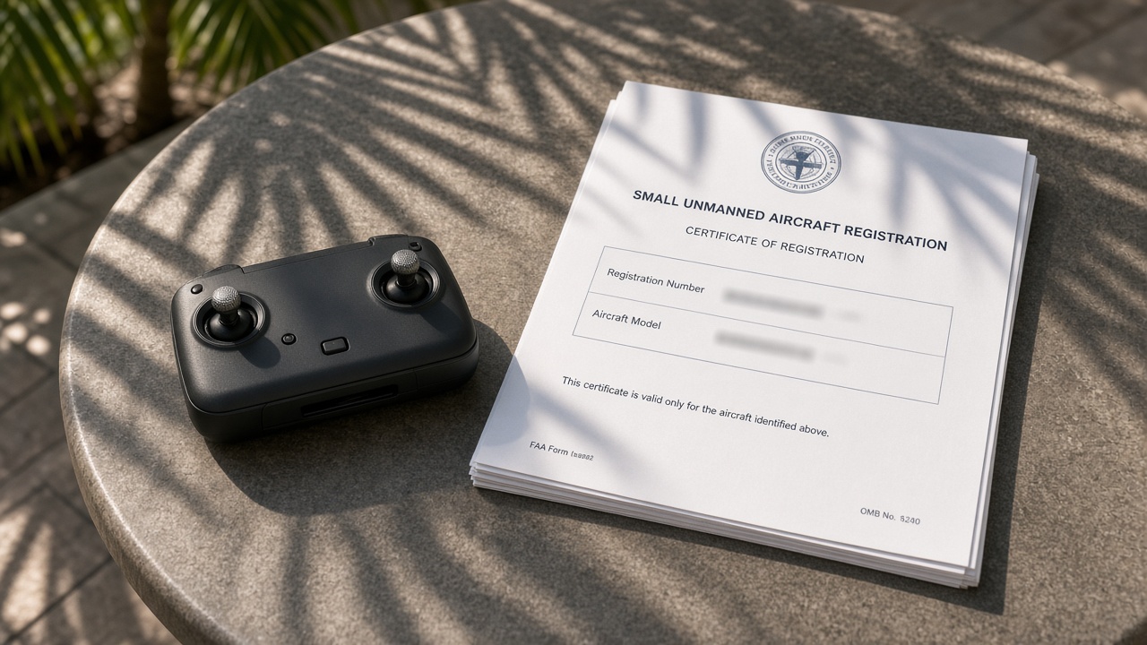 Florida FAA aircraft and drone registration papers arranged on a table