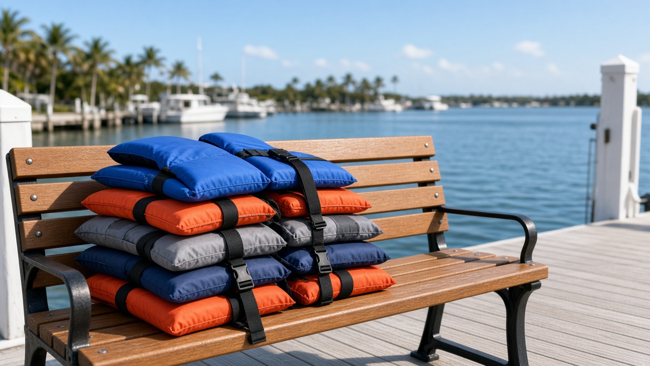Florida life jackets stacked on a dock for boating safety and maritime law