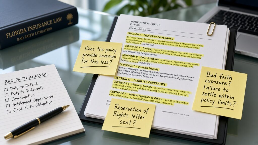 Florida policy highlight desk - The Penalta Law Firm Florida insurance policy with highlighted coverage terms on counsel desk
