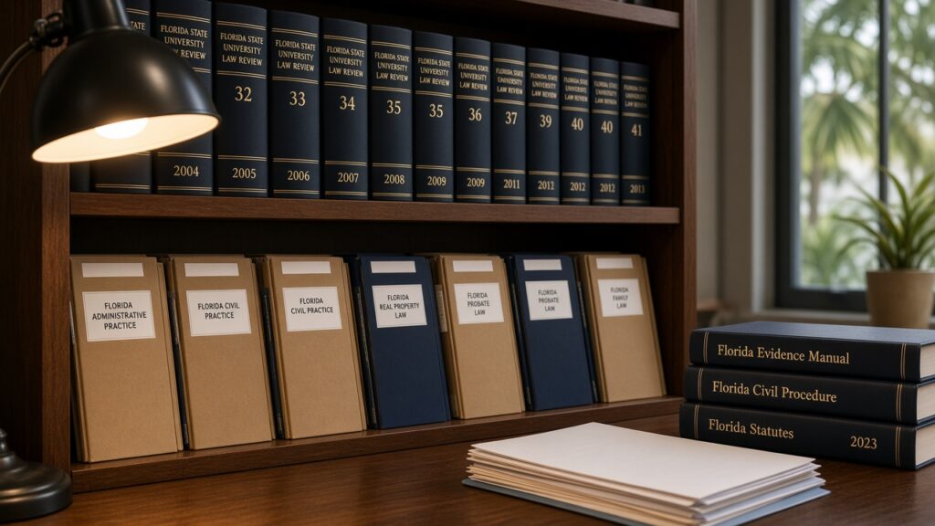 Florida legal resources and law books on a library shelf for counsel