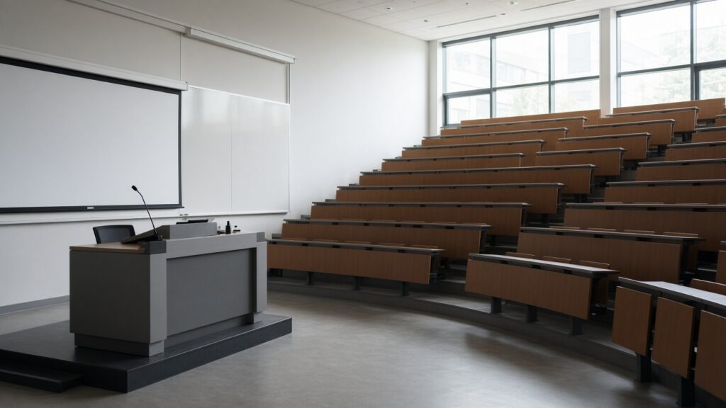Professional lecture hall with empty seats and a podium under daylight