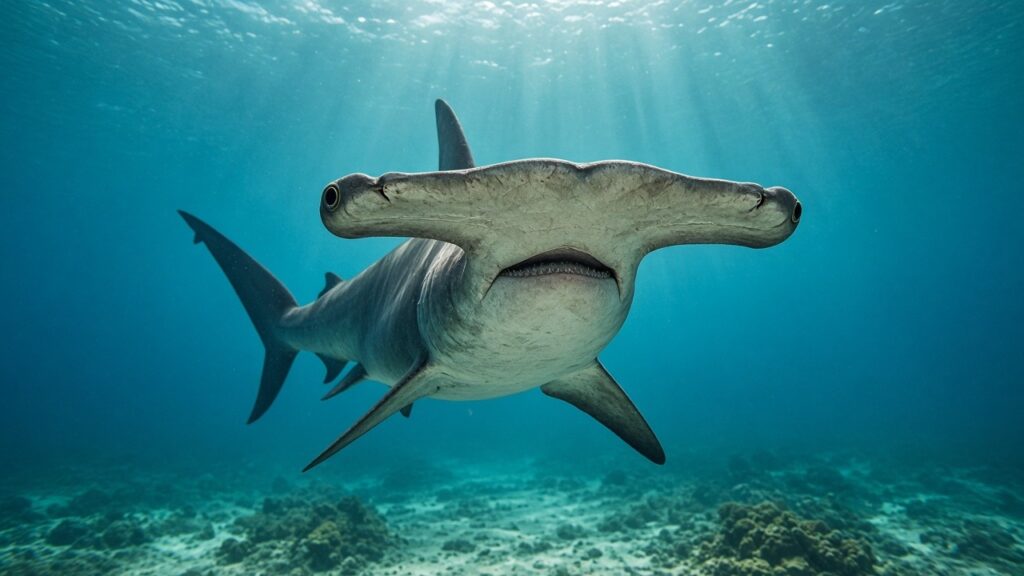 Giant hammerhead shark swimming underwater toward the camera in clear blue ocean water