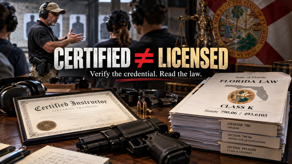 Florida firearms instructor law comparing USCCA certification with FDACS Class K licensing and state-recognized instructor credentials.