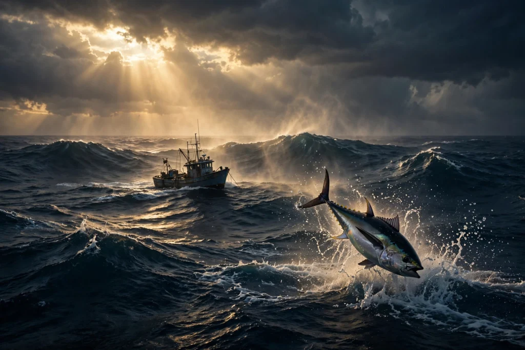 A giant tuna leaps from dark ocean waves beside a fishing boat under dramatic sunbeams, illustrating the Earth Island eco-label racketeering case (ATUNA)