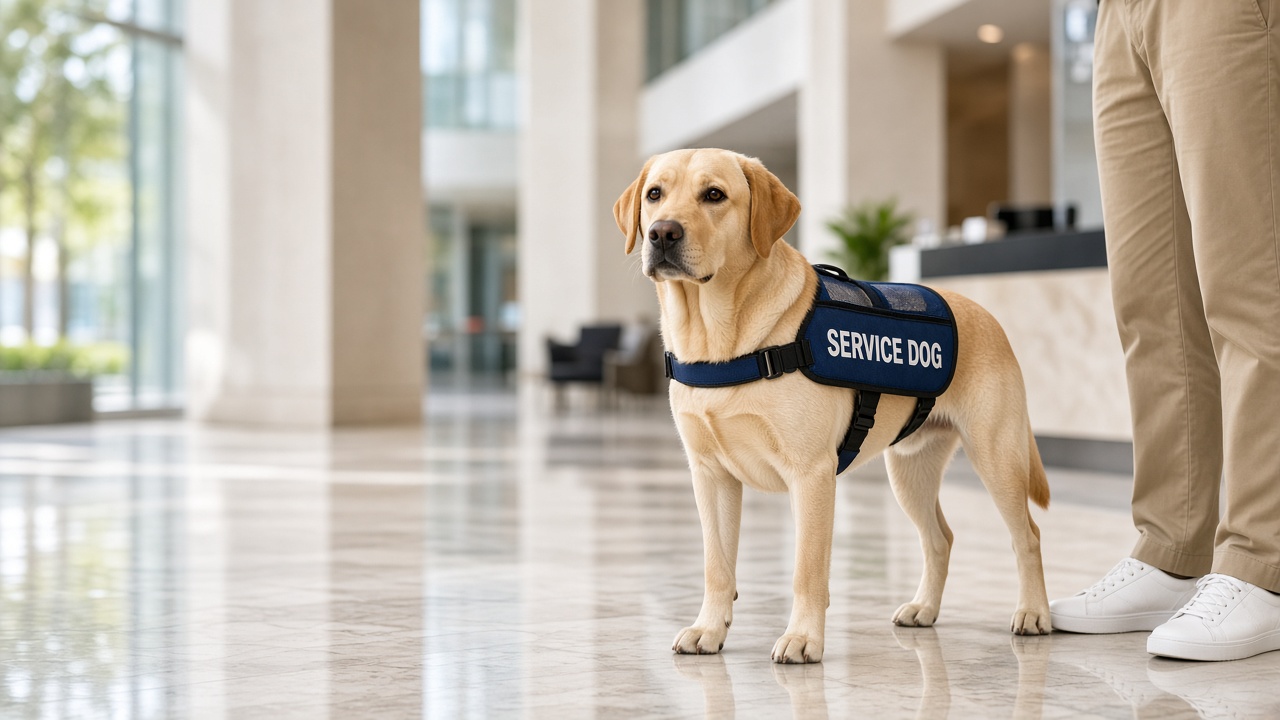 Service dog in a SERVICE DOG vest standing in a professional lobby.