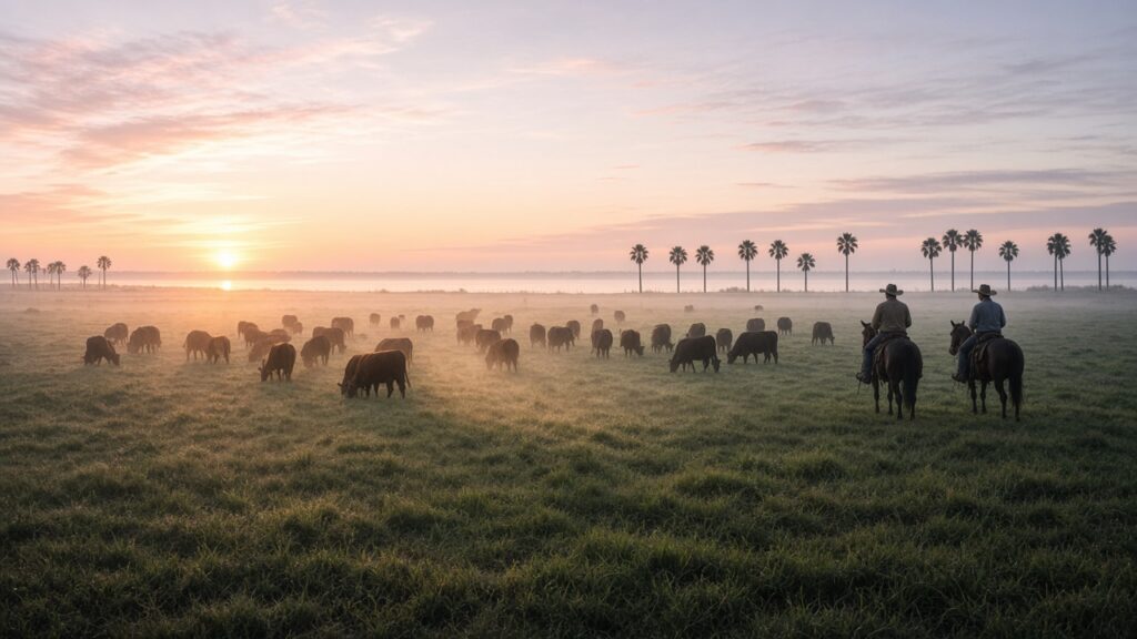 Florida working cattle ranch at morning with riders on horseback, palm trees, and ocean in the background