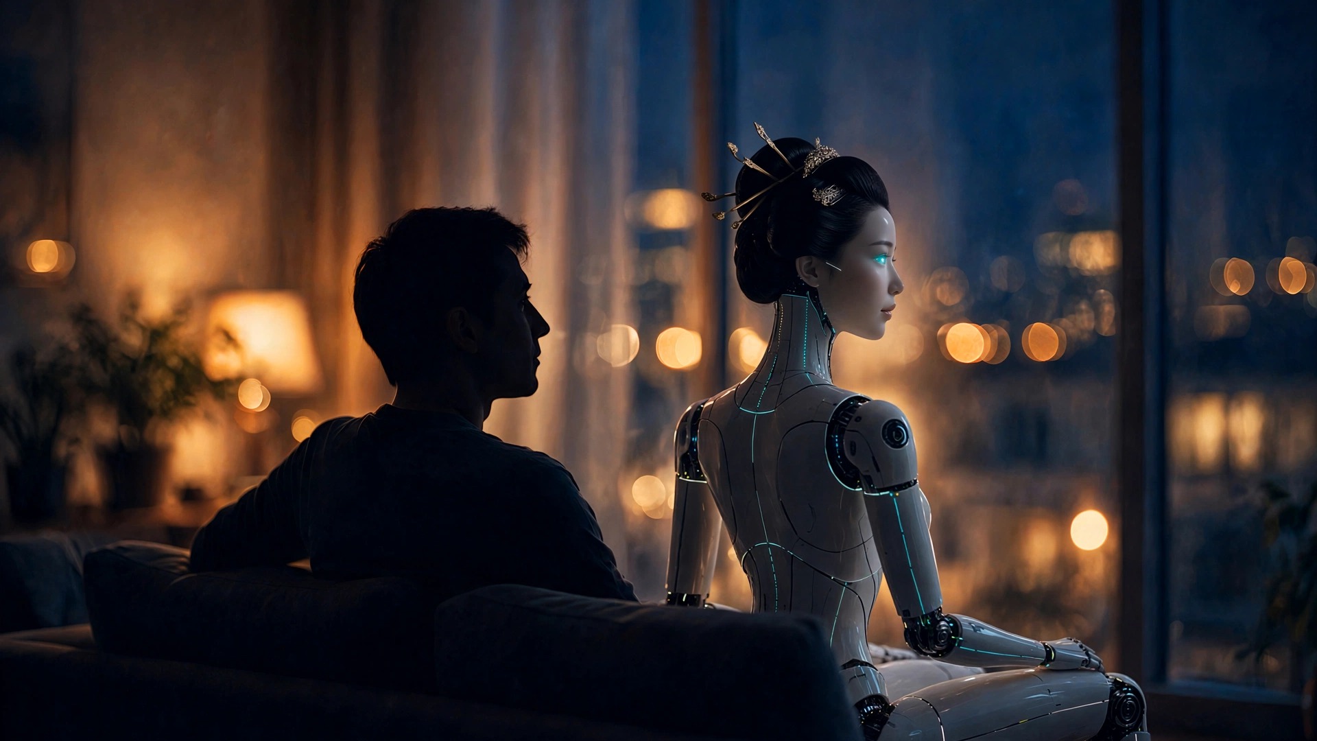 A person and a beautiful Asian woman-presenting humanoid robot sitting side by side on a couch in a warmly lit living room at night, city lights outside the window — cinematic illustration for an article on superintelligence companions and the law.