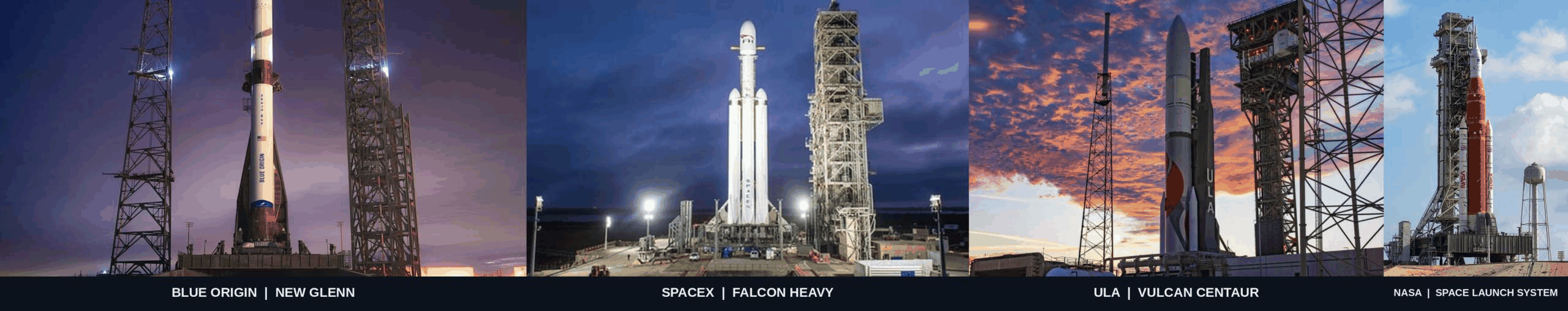Rockets of the Space Coast era: Blue Origin's New Glenn, SpaceX's Falcon Heavy, United Launch Alliance's Vulcan, and NASA's Space Launch System